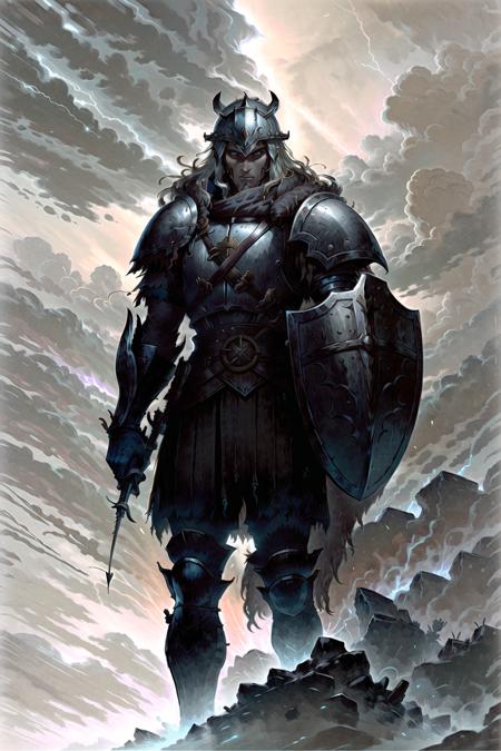 01267-1338911593-bromart, absurdres, A knight ready for battle, paladin, platemail, thunderstorm, lance, shield, vivid colors.png